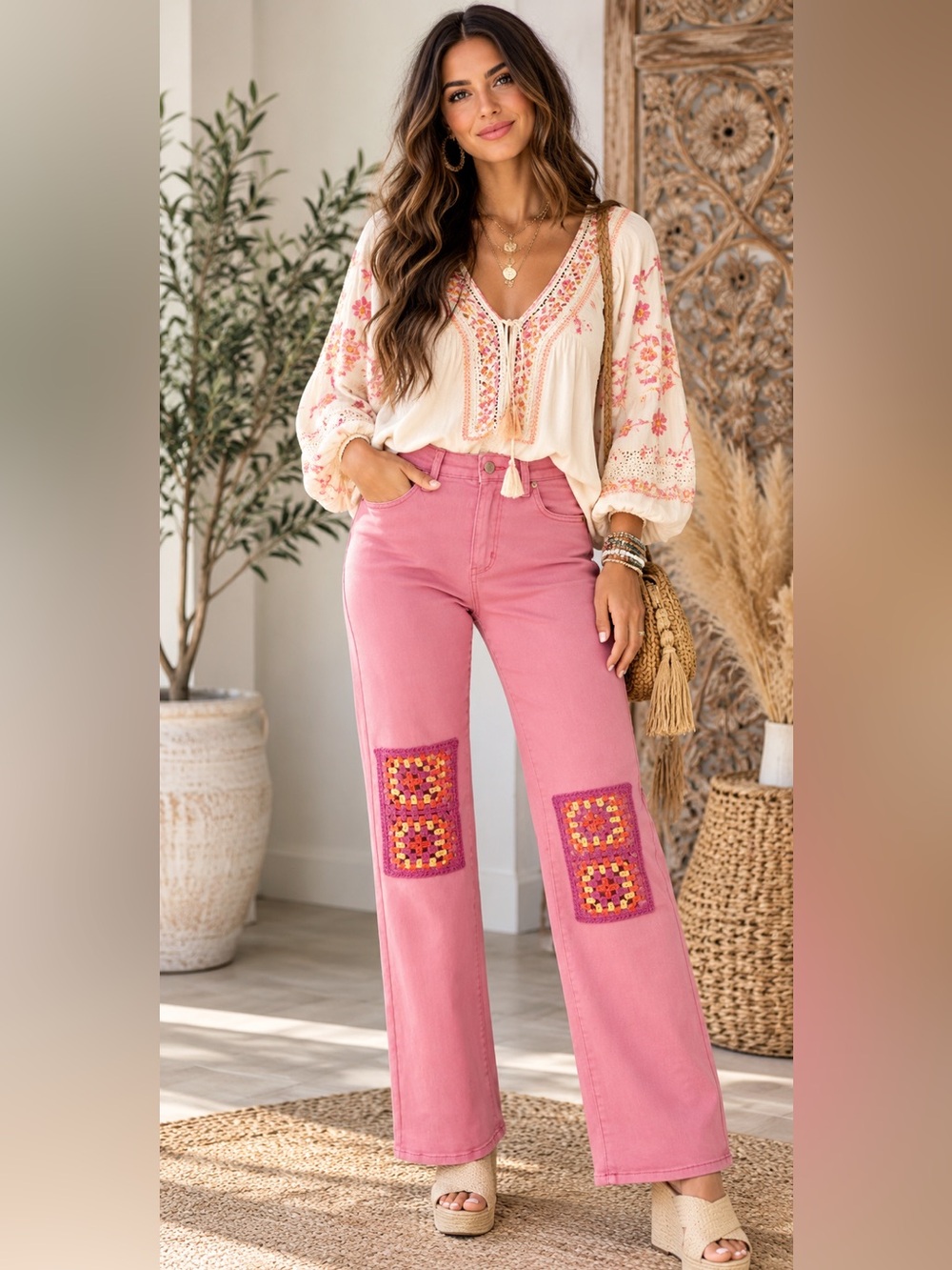 Judy Blue High Waisted Dyed Crochet Patches Wide Dusty Rose Jeans in Size 13 NWT